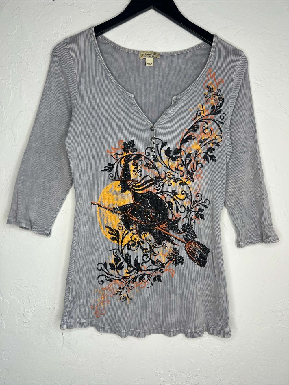 Y2K Witch Halloween Graphic Henley Top Rhinestone Fairy Grunge 3/4 Sleeve Spooky